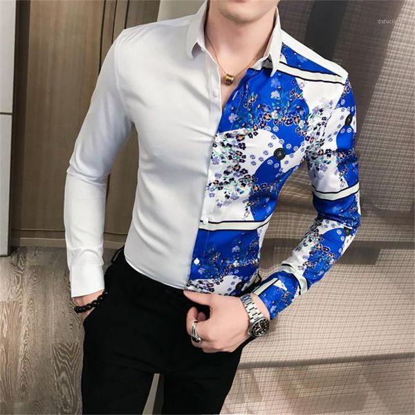 

2019 autumn new club shirt men's long sleeve patchwork print casual shirt camisa masculina mens designer prom party tuxedo1, White;black