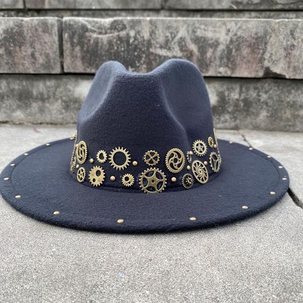 

2020 steampunk wool women men's punk fedora hat acrylic gems wide brim jazz cap vintage panama sun hat1, Blue;gray