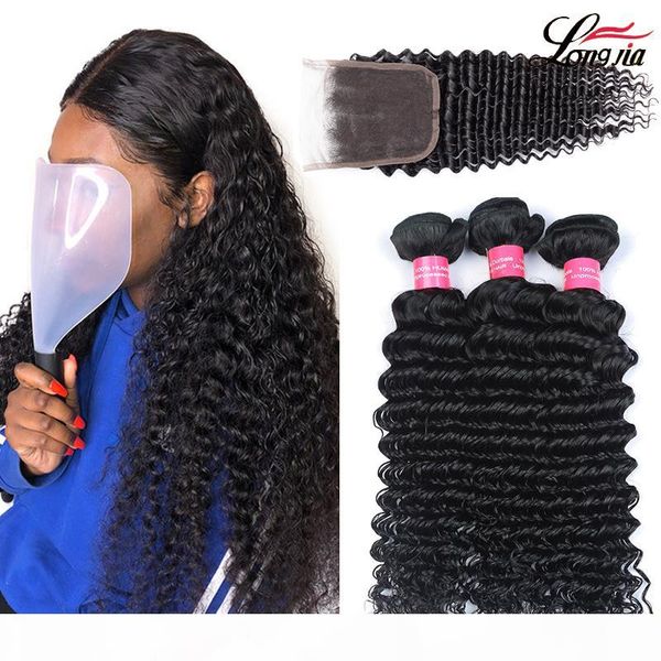

wholseale brazilian deep wave hair 3 bundles with closure 8a brazilian human hair with 4x4 closure unprocessed brazilain deep hair extension, Black