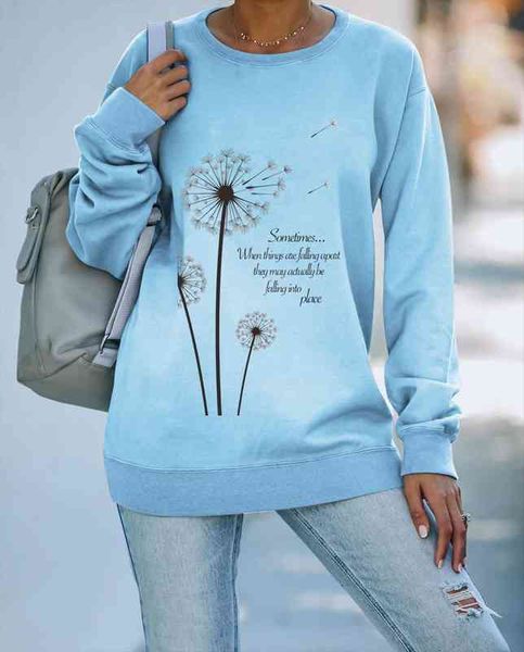 

autumn spring womens loose sweatshirts female o-neck long sleeve dandelion print pullover coats outwear wdc7862, Black
