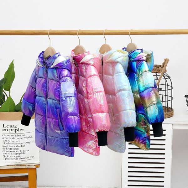 

2020 new kids winter warm jacket for girl bright iridescent thicken velour coat hooded clothes waterproof parka outwear clothing, Blue;gray