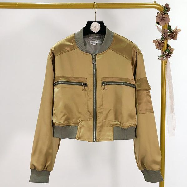 

2020 spring coat color matching satin motorcycle jacket short baseball uniform female, Black;brown