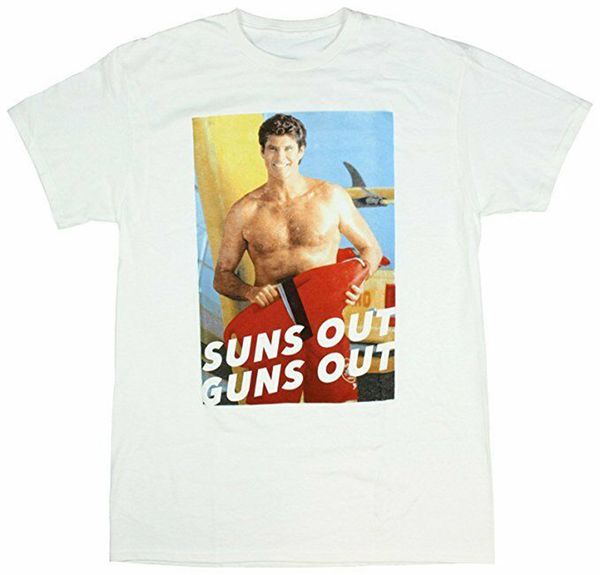 

authentic baywatch 's david hasselhoff suns out guns out licensed white loose size ajax funny sport hooded sweatshirt hoodie t shirt