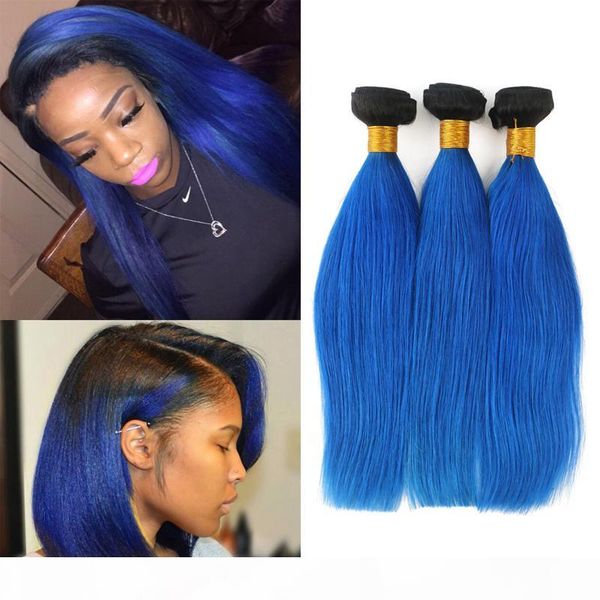 

8a virgin brazilian t1b bule ombre color brazilian straight hair weave 100% brazilian human remy double weft hair 8-40inch 100g piece, Black