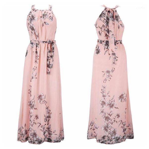 

2020 women chiffon dresses elegant beach dress floral print halter tunic sleeveless dress long maxi party boho vestidos clothes1, Black;gray