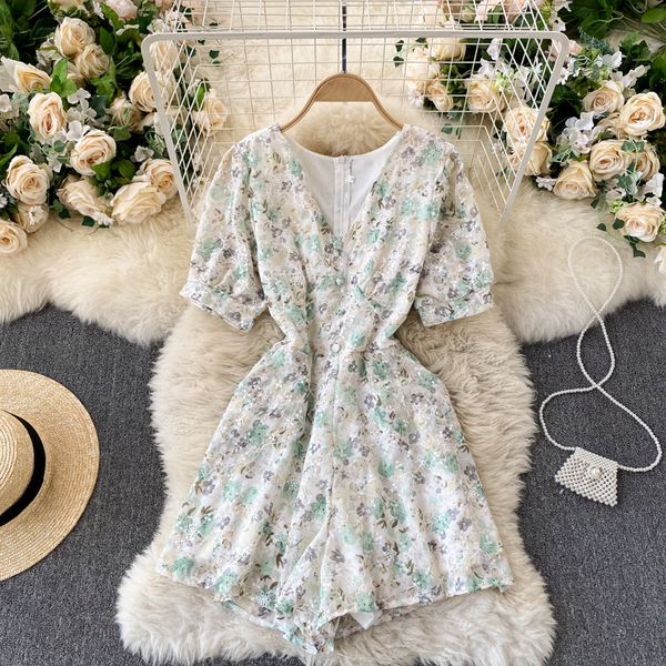 

2021 new singiny floral woman's neck puff elegant office summer vacation long short overalls kp2x, Black;white