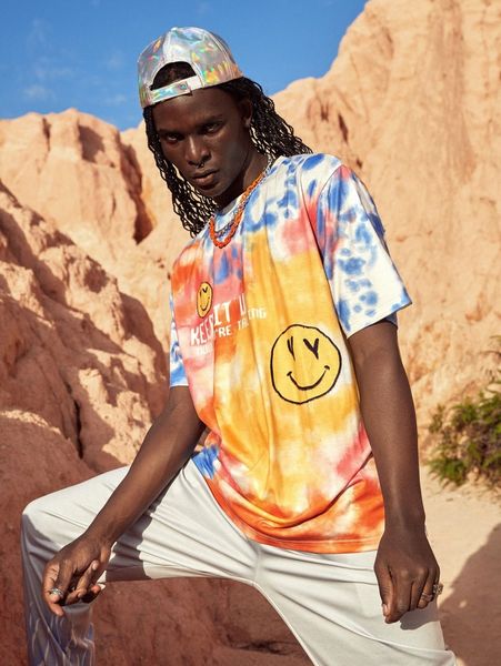 

men letter and cartoon face print tie dye tee i36v#, White;black