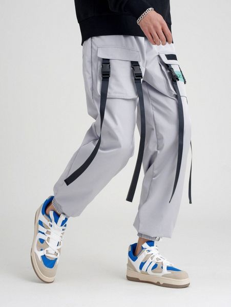 

men buckled straps detail utility pockets letter patched cargo pants k2be#, Black