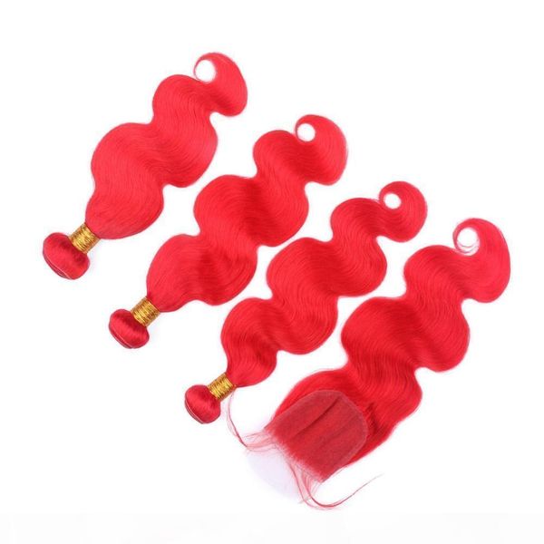 

body wave malaysian human hair red colored weave bundles with closure pure red 4x4 lace front closure with virgin hair weft extensions, Black;brown