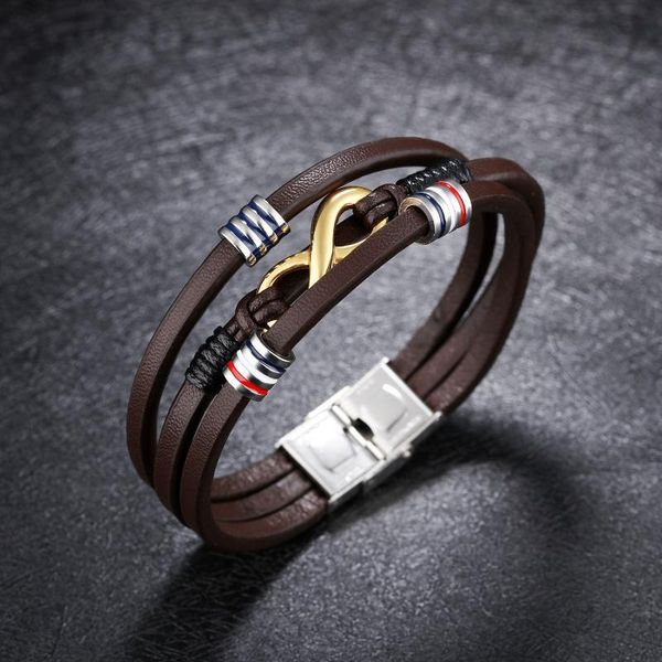 

vintage brown titanium steel men's multi-layer leather bracelet 8-word accessories jewelry wholesale, Golden;silver