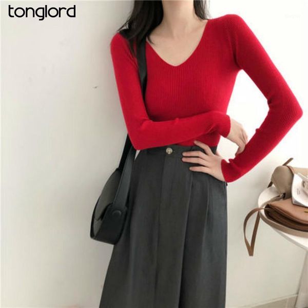 

tonglord 2020 autumn women's knitwear slim v-neck korean knitted casual sweaters long sleeve solid color pullover female1, White;black