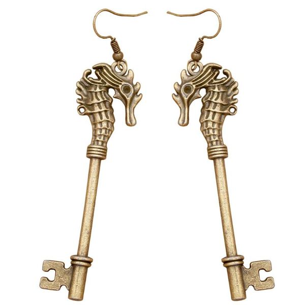 

art deco victorian 2.7" long seahorse skeleton key steampunk dangle earrings for women oorbellen jewelry orecchini, Silver