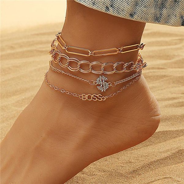 Anklets Fashion Multi-Layer Catena Ins Personalità Metallo Geometric Crown Grower Love 4-Piece Set Donne Donne Donne Anklet personalizzata