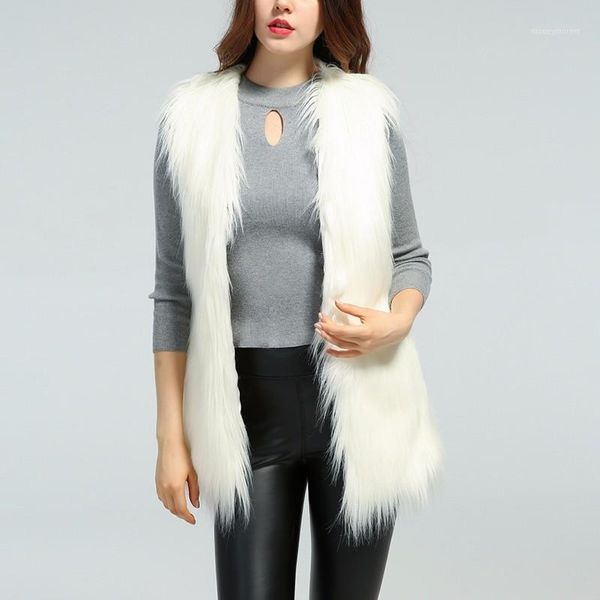 

plus size 4xl long faux fur vest women 2018 chic autumn winter fluffy sleeveless fur jackets coats thicken warm outerwear q51731, Black