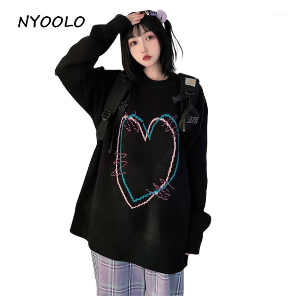 

nyoolo harajuku love jacquard o-neck pullovers knitted sweater women clothing winter long sleeve loose warm black knitwear 1, White;black