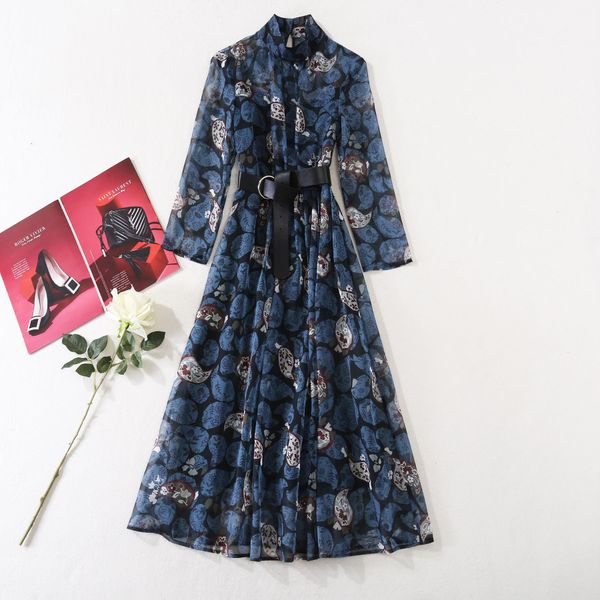 

milan runway dresses 2021 spring summer stand collar long sleeve print women's designer dress brand same style dress 0110-12, Black