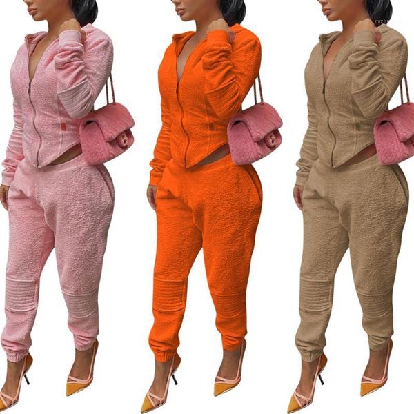 

women's velvet clothes sets long sleeve v-collar elastic zipper coat sports middle waist loose warm trousers jogger pants1, Gray