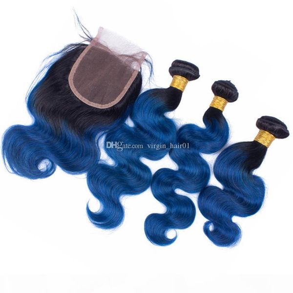 

9a grade blue ombre malaysian hair with closure two tone ombre hair with closure 3 bundles ombre human hair extensions with lace closure, Black;brown