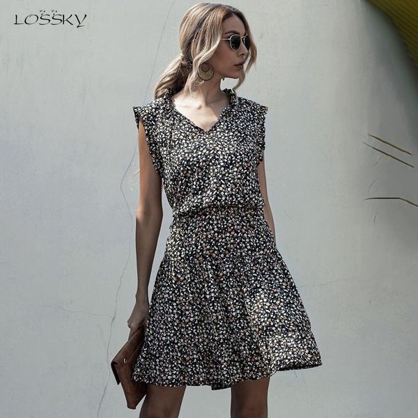 

woman dress summer floral print ruffle ruched sleeveless tank dresses casual black 2020 yellow vacation trendy clothes for women y0118, Black;gray