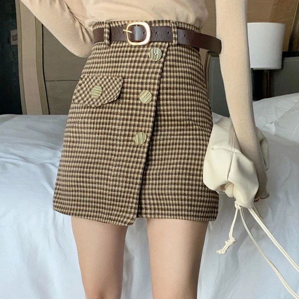 

2021 new autumn woman plaid wool thin female skirt a tall bag step short y395 4cxl, Black