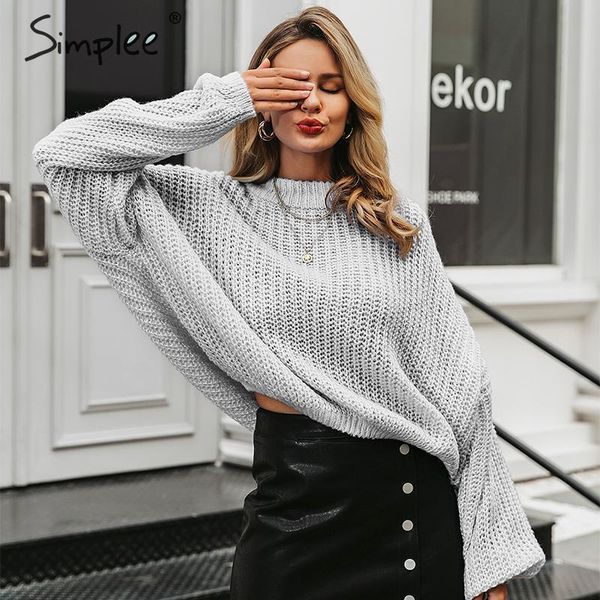 

simplee winter lantern sleeve knitted sweater pullover women loose o-neck solid sweater female autumn casual sweater jumper new lj201126, White;black
