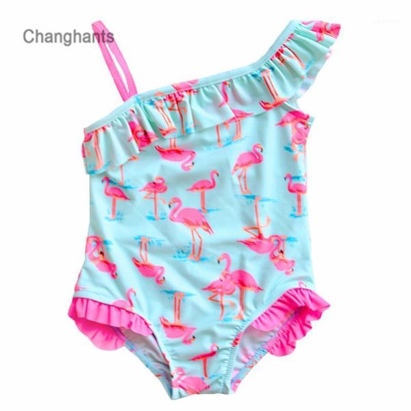 

girls swimwear light blue with pink flamingos pattern 1-14 y kids one piece swim wear bathing suit children swimming wear sw06351, White;black