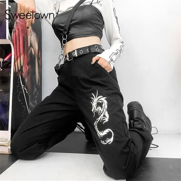 

sweetown chinese style dragon embroidery cargo pants women black high waist pocket trousers streetwear womens joggers sweatpants lj200820, Black;white