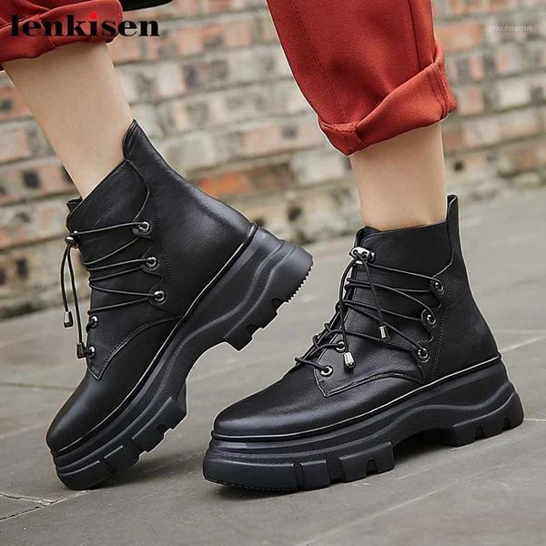 

lenkisen new young lady high fashion thick bottom genuine leather lace up round toe high heels winter streetwear ankle boots l031, Black