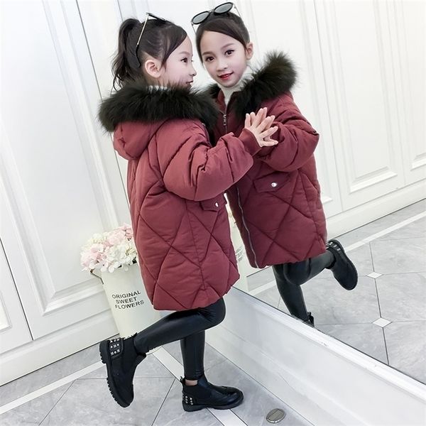 

girls winter solid pocket coats children parkas padded cotton fur hooded jacket girl long warm outfit 5 6 7 8 9 10 11 12 years 201102, Blue;gray