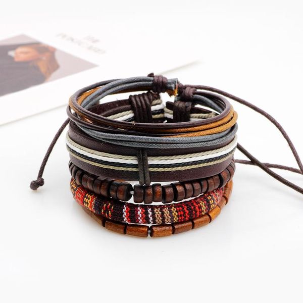 

ethnic 4 pcs/set wood beads charm handmade woven men leather bracelets women vintage bangle male homme jewelry acc qylkxk, Golden;silver