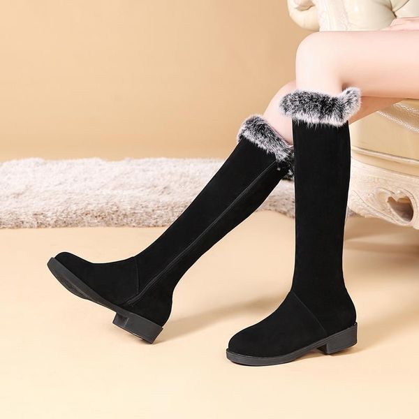 

japanese sweet autumn flock round toe knee high boots hair zipper black red apricot thick low heel women's riding boots