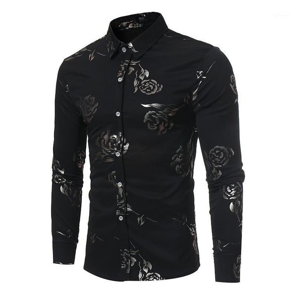 

black rose print shirt men 2020 long sleeve mens dress shirts party wedding casual shirt male camisa social1, White;black