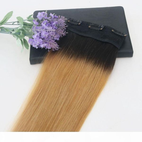 

ombre color #1b fading to color #27 one piece clip in human hair extensions 5clips with lace virgin human hair, Black;brown
