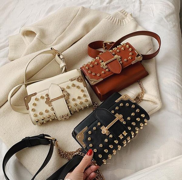 

female rivet waist bag fashion ins women chest bag chain shoulder crossbody double shoulder strap