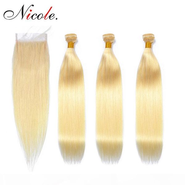 

nicole 613 blonde color brazilian straight remy hair bundles with closure 7a grade 4pcs 8-26 inch soft swiss lace for women ing, Black