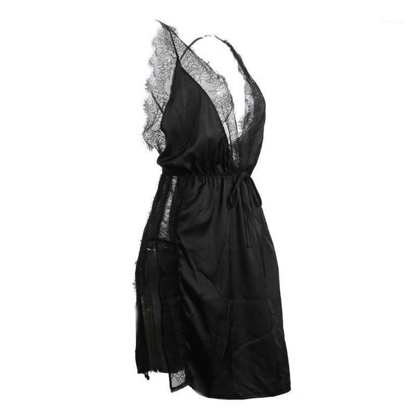 

temperament and interest clothing lace hem side slits deep v dew back cross-strap perspective eyelash suit1, Red;black