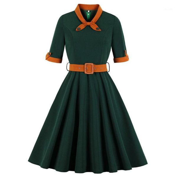 

round neck half sleeves betls 60s retro dress rockabilly swing vintage dress color block party vestidos women dresses1, Black;gray