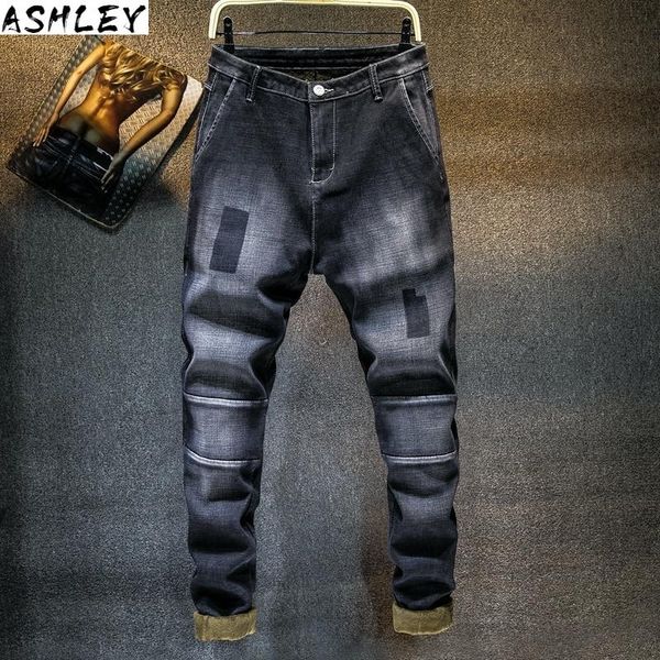 

new 2020 winter men's warm biker jeans classic style fashion casual black blue denim thicken trousers male brand pants