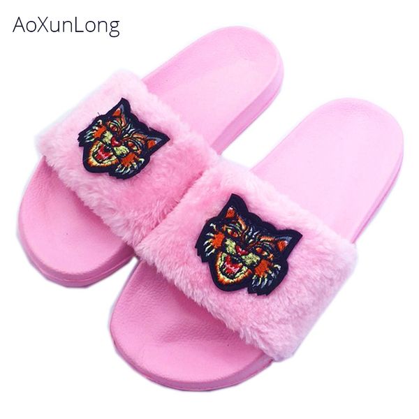 

aoxunlong women furry slippers fashion embroidered cat head slippers women non-slip home slippers pink eu size 36-41, Black