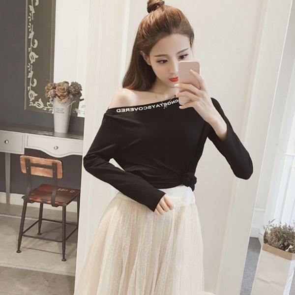 

2019 women's t-shirt summer letter tee basic shirts women asymmetrical long sleeve short casual female woman black white