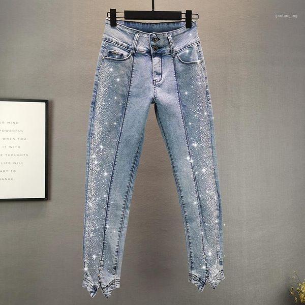 

rhinestone patchwork women jeans winter new high waist slim button pocket skinny solid ankle length female jeans, Blue