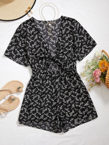 

plus ditsy floral print knot front romper m141#, Black