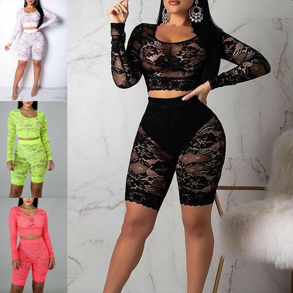 

women ladies 2pcs set lace solid long sleeve o neck crop shorts skinny stretchy sets, Gray