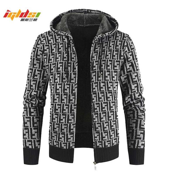 Maglione a righe invernali da uomo Cappotto in pile spesso Giacca calda con cerniera Cardigan in lana con cappuccio Maglioni Maglioni lavorati a maglia a maniche lunghe da uomo 211221