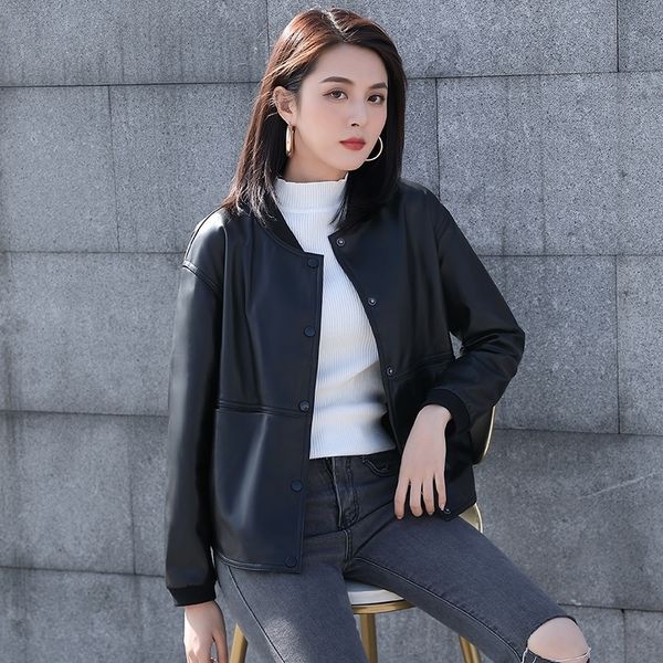 

sales. new women genuine leather jacket.fashion female sheepskin coat,casual comfortable leather loose coat, 201030, Black