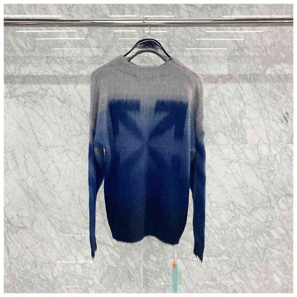 

style off autumn 21 white medium long mohair crew neck gradient arrstyle loose sweater men and women, White;black