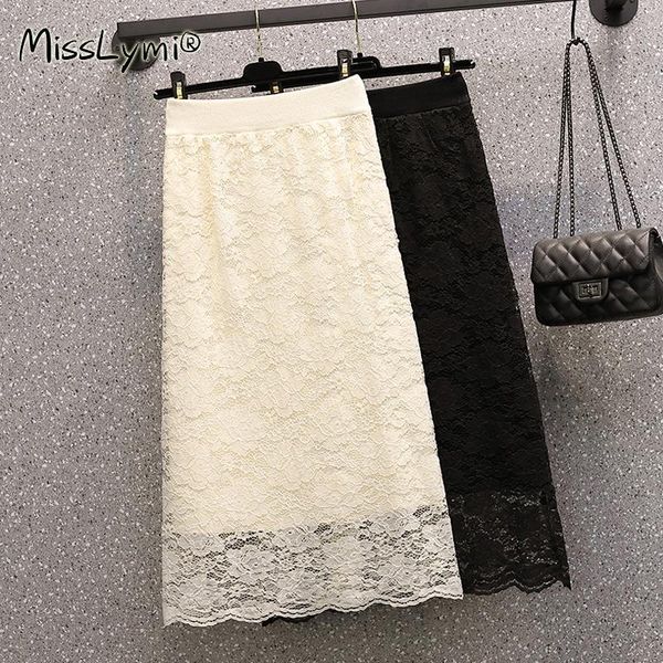 

skirts l-4xl plus size women elegant knitted winter 2021 korean fashion high waist flower lace midi shirts both sides can wear, Black