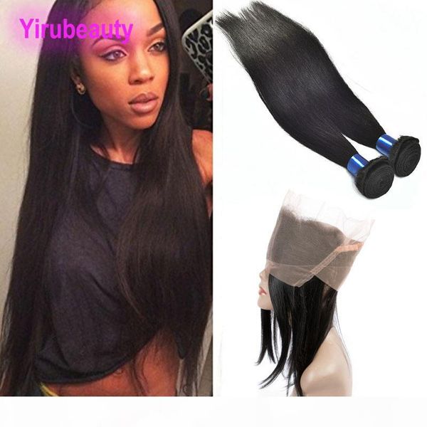 

peruvian natural color 2 bundles with 360 lace frontal pre plucked frontal with bundles 8-28 inch virgin human hair wefts with closure, Black;brown