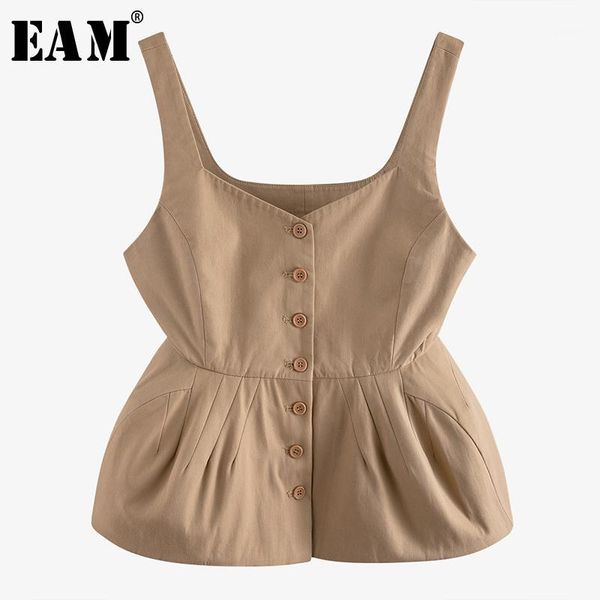 

eam] women khaki pleated stitch short tank new round neck sleeveless personality fashion tide spring autumn 2020 wm184041, White