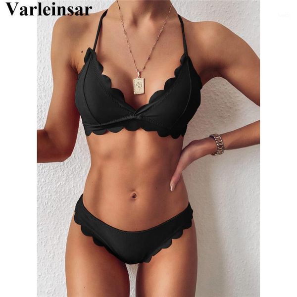 

2020 scalloped mid waist bikini female swimsuit women swimwear two-pieces bikini set halter bather bathing suit swim lady v24461, White;black